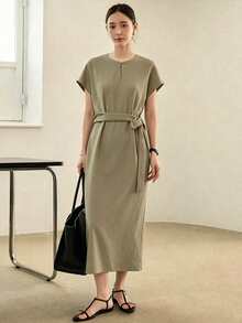 Dazy-Less Women's Solid Color Round Neck Waist Tie Slit Design Elegant Waist Cinching Party Dress - Green - View 1