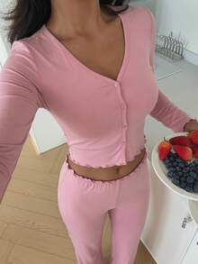 Livesso Women's Solid Color Comfortable Single-Breasted Long Sleeve Top And Casual Pants Pajama Set Fall - Pink - View 6