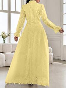 Modelyn French Style Stand Collar Lace Hollow Out Button Petal Sleeve Design Dress - Light Yellow - View 2