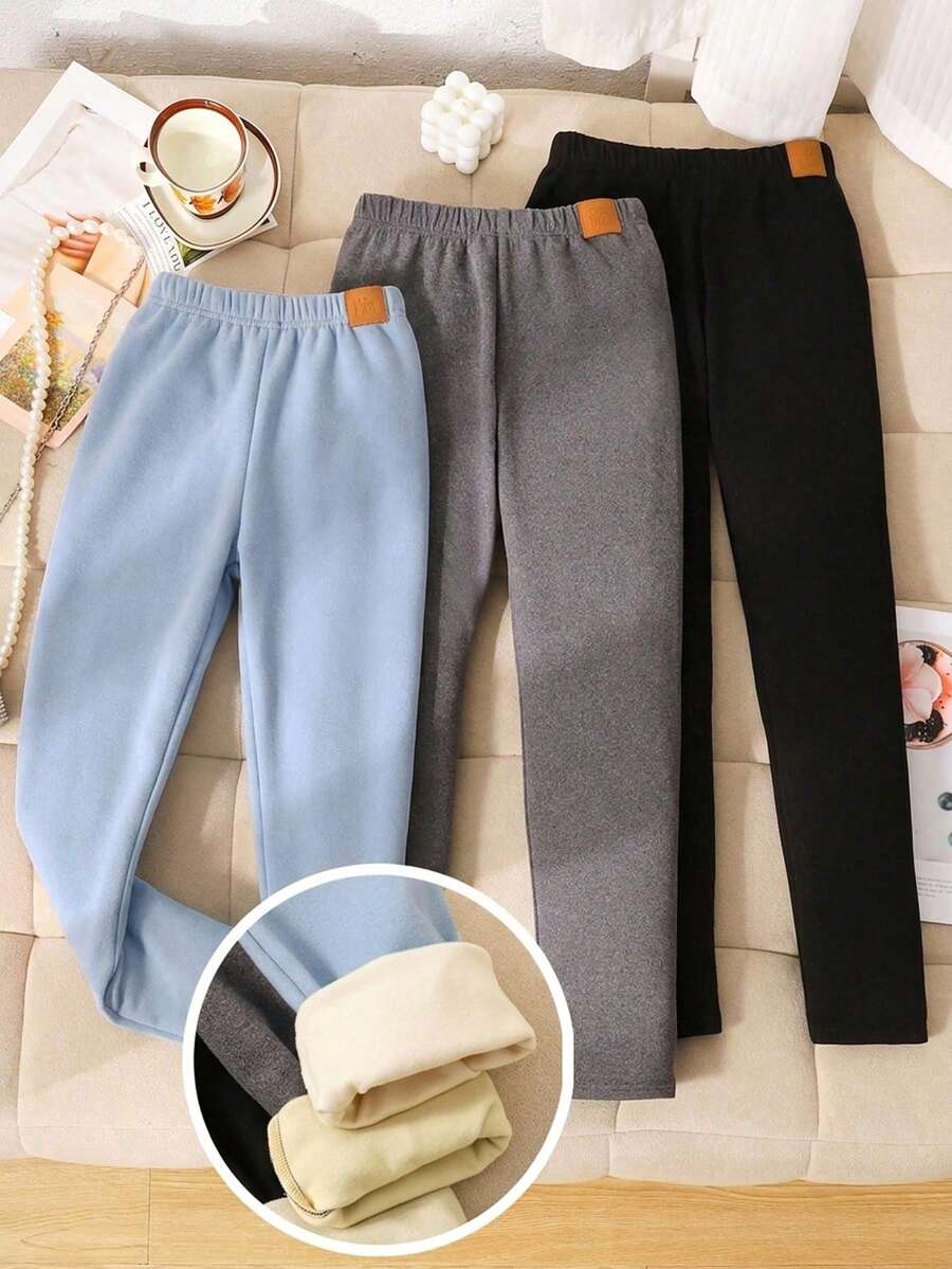 SHEIN 3pcs/Set Tween Girls All-Match Casual Thermal-Lined Soft Ribbed Faux Leather Patch Letter Leggings, Black/Grey/Blue, Comfortable Essential Versatile Leggings Set - Blue - View 1