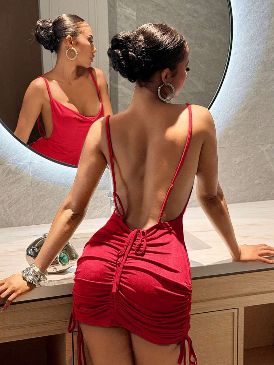 Slaydiva Summer Spaghetti Strap Draped Neck Backless Drawstring Ruched Shiny Chiffon Bodycon Mini Dress - Red Club Night Sexy - Red - View 1