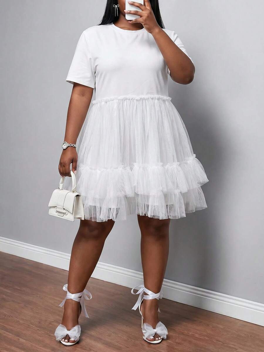 Slaydiva Plus Size Women's White,Summer,Cute,Party Elegant Frilly Poofy Puff Dress With Ruffle Hem,2026 Spring Commute,Graduation,Vacation & Business Casual