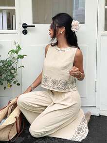 Serisse Women's Casual Jamican Linen Mitation Embroidery Floral Print Design Plant Embroidery Shell Trim Round Neck Top And Wide Leg Pants 2 Pieces Set - Brown - View 8