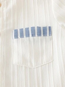 SHEIN Vintaside Kids 2件/組 男嬰立領短袖鈕扣襯衫附口袋 & 鬆緊腰短褲，休閒百搭時尚復古寬鬆舒適夏季新款套裝 - 藍色 - 查看 5