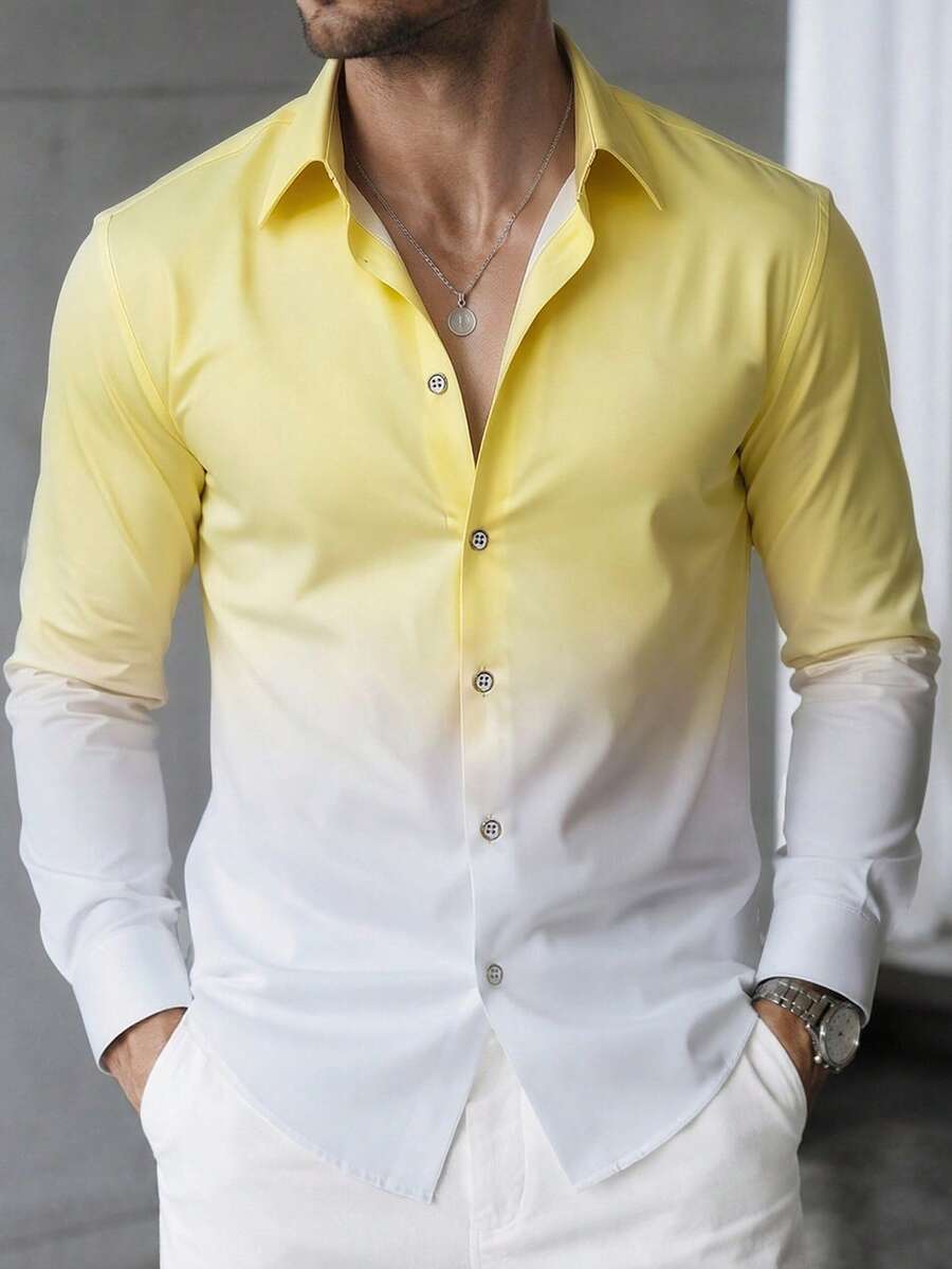 Manfinity Mode Áo sơ mi nam ombre đơn ngực, phong cách casual đa năng mặc hàng ngày, trang trọng cho lễ nghi - Màu vàng - Xem 1