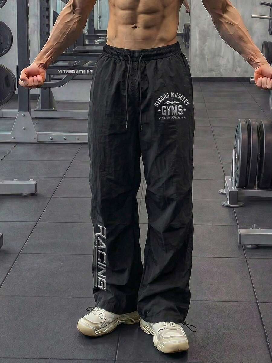 GymBeat Men's Letter Print Drawstring Waist Sports Pants, Gym - Black - View 1