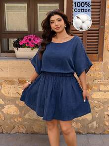 Elaquor Plus Size Casual Solid Color Batwing Sleeve Dress - Navy Blue - View 5