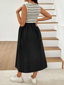 SHEIN 孕婦夏季休閒條紋拼接洋裝 - 黑與白 - 查看 2