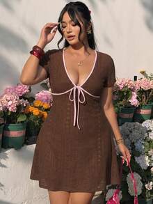 GalTyme Plus Size Women's Color Block Tie Front Fashion Date Party Dress - Chocolate Brown - View 4