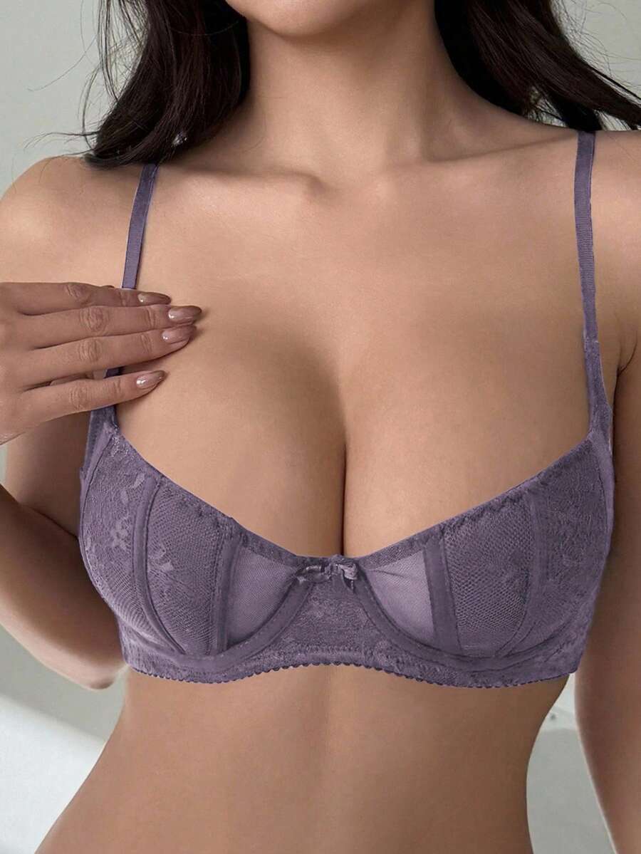 DAZY Mesh Contrast Lace Lightweight Adjustable Strap Padded Sexy Bra For Women - Mauve Purple - View 1