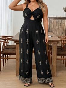 SHEIN CURVE+ Plus Size Vacation Printed Hollow Out Loose Jumpsuit, Summer Bohemian Boho Style Black And Gold - Black - View 3
