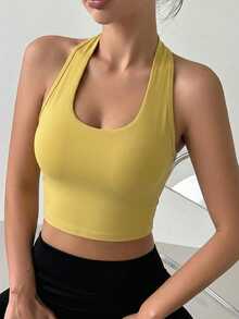 DAZY Solid Color Padded Lightly Lifting Racerback Sports Bra For Women - Yellow - View 2