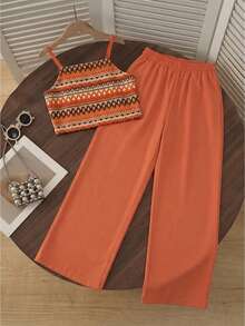Tween Girls Vacation Bohemian Totem Floral Camisole Top + Loose Straight Leg Pants Woven Vest Set - Orange - View 3
