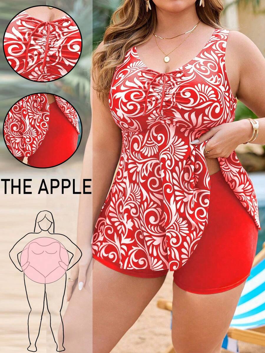 Swim Lushoire Plus Size Women 2pcs/Set Random Print Tankini Top With Front Drawstring, Slimming Simple Beach Swimwear Set - Red - View 1