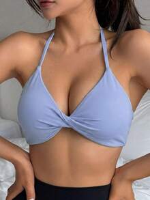 DAZY Solid Color Twist Front Racerback Sports Bra For Women - Dusty Blue - View 4