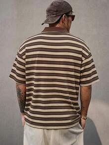 DAZY Men's Polo Collar Striped Short Sleeve T-Shirt, Multi-Color, Summer Graphic Tee - Brown - View 2