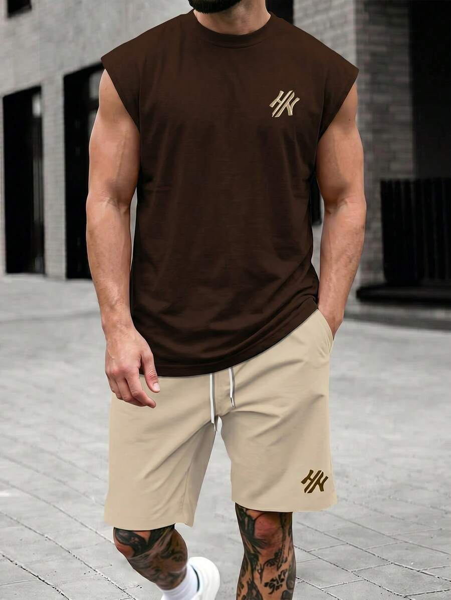 Manfinity Homme Conjunto de camiseta de tirantes con bordado de letras y pantalones cortos casuales de verano para hombres - Multicolor - Ver 1