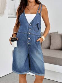 SHEIN 孕婦夏季休閒牛仔吊帶褲 - 藍色 - 查看 3