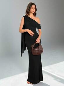 SHEIN Tall Đầm nữ thanh lịch màu trơn vai bất đối xứng, Đầm thanh lịch cho nữ, Đầm dạ hội, Đầm khách mời đám cưới mùa thu, Đầm khách mời đám cưới nữ - màu đen - Xem 4