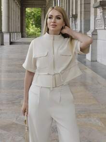 Elenary Edit Fashionable Short Utility Shirt, With Two Symmetrical Chest Pockets, Cinched Waist Design, Overall Neat And Practical Summer - Beige - View 4