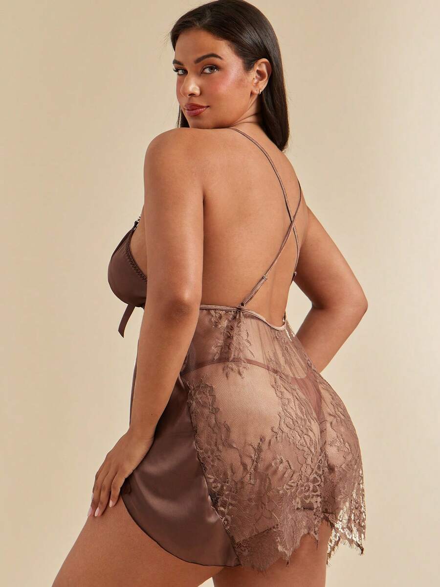 SHEIN BAE CURVE SilkySpell Plus Size Women Faux Silk Lace Patchwork Backless Slip Dress - Brown - View 1