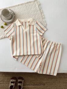 Cozy Pixies 2pcs/Set Boys' Cute Casual Striped Textured Polo Shirt & Solid Color Elastic Waist Shorts Set - Apricot - View 4