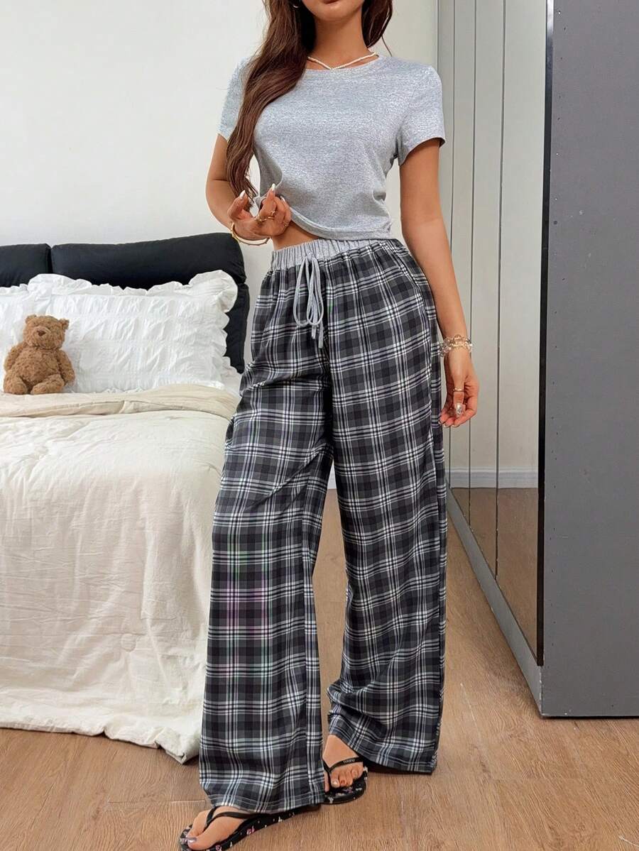 Napfluff Casual Plaid Knit Short Sleeve Pajama Set, Suitable For Loungewear And Outdoor Wear - Grey - View 1