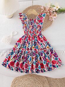 Vestido midi ajustado con estampado floral diminuto y colorido, adecuado para el Día de los Niños Mexicanos y la temporada de transición al verano para niñas jóvenes - Multicolor - Ver 5
