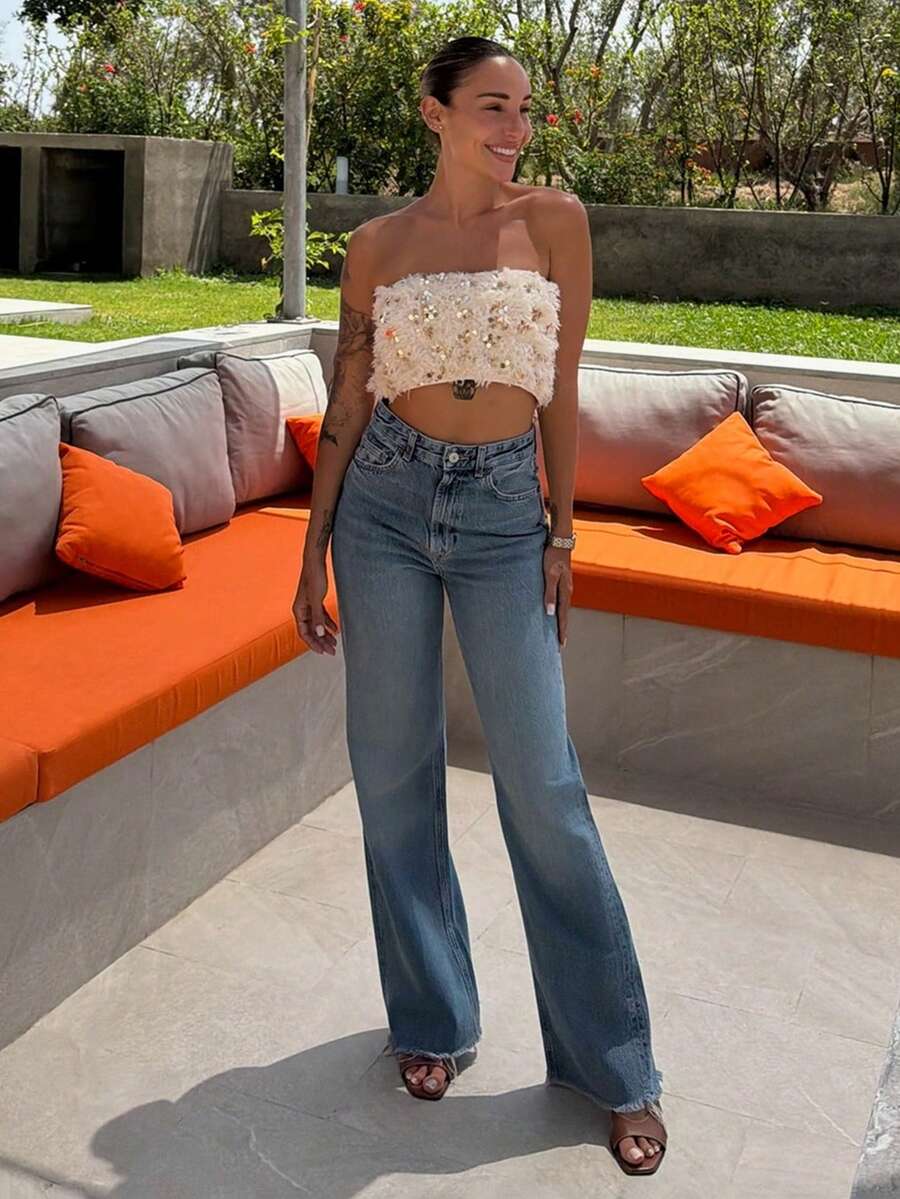 Mélanie ORL Áo bandeau đính sequin và lông vũ cho nữ, Thu/Đông - Màu be - Xem 1