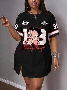 Slaydiva Betty Boop x SHEIN Plus Size Women Letter Print Round Neck Short Sleeve Casual Dress - Multicolor - View 6