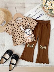 SHEIN 2 peças/Conjunto Casual de Menina Bebê Top de Manga Curta com Laço e Estampa de Onça e Calça Elástica na Cintura com Estampa de Onça, Estampa de Onça e Laço, Top de Manga Curta e Shorts Casuais Elegantes de Gola Redonda, Conjunto de Duas Peças Adequado para Uso Diário na Primavera/Verão - Caqui - Visão 3