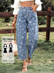 SHEIN PETITE Damen Lässig Sonnenblumen Muster Schlagjeans, Petite Damen - Mittele Waschung - Übersicht 1
