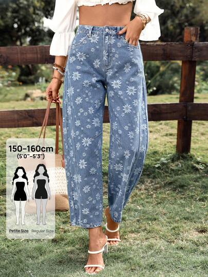 SHEIN PETITE 女士休闲向日葵印花喇叭牛仔裤