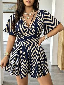 Vionelle Plus Size V-Neck Cinched Waist Allover Print Jumpsuit, Casual & Versatile For Spring/Summer - Blue - View 1