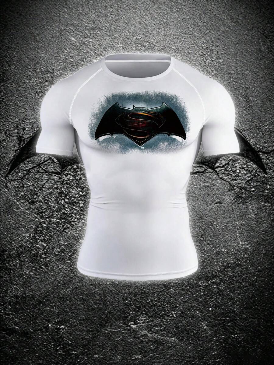 BATMAN X SHEIN RISE LYT Men's Bat Print Round Neck Short Sleeve Sports T-Shirt, Gym - White - View 1