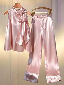 GlowEve Conjunto elegante de dos piezas para mujer con top de tirantes de unicolor con diseño de nudo y pantalones - Rosa - Ver 7