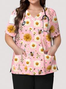 PopScrub Daisy Floral & Bee Pattern Light Pink Plus Size Women's Scrub Top, Fashionable V-Neck Short Sleeve With Pockets & Ear Loop Design, Spring/Summer Nurse Uniform Top - Multicolor - View 1