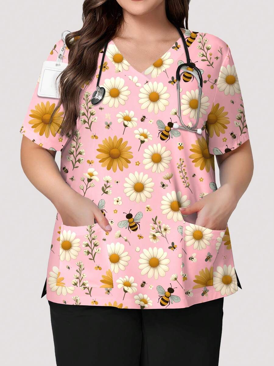 PopScrub Daisy Floral & Bee Pattern Light Pink Plus Size Women's Scrub Top, Fashionable V-Neck Short Sleeve With Pockets & Ear Loop Design, Spring/Summer Nurse Uniform Top - Multicolor - View 1