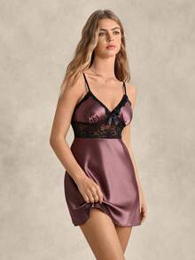 EverLounge Color Block Lace Patchwork Cami Sleep Dress Pajama Dress Luxeloungewear - Rust Brown - View 4