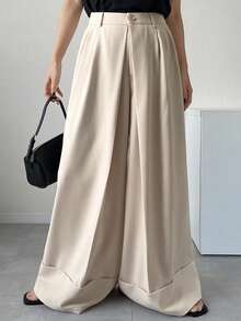 DAZY Women's Solid Color Pleated Wide Leg Loose Casual Long Pants - Apricot - View 5