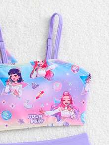 SHEIN Set Baju Renang Anak Perempuan, Baju Renang 3 Potong Motif Kartun Lucu, Modis, Kasual, Indah, dan Menawan, Cocok untuk Berenang, Liburan, dan Musim Panas - Purple - View 4