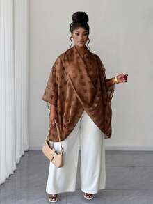 Maweii Plus Size Summer Retro Elegant Plaid Mesh Ruffled Collar Blouse - Brown - View 3