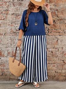 EMERY ROSE Plus Size Women's Solid Color Round Neck Short Sleeve Shirt And Striped Wide Leg Pants Casual 2-Piece Set Vacation Navy Blue Summer - Blue and White - View 7