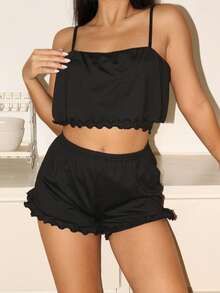 EasyFave Women's Black Ruffle Camisole Top And Ruffle Hem Shorts Casual Vacation Set - Black - View 1