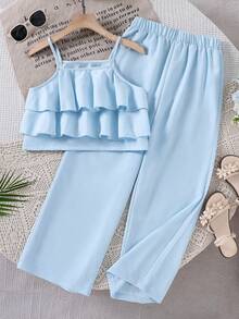 SHEIN Sparklyn Bộ đồ đi chơi cho bé gái tuổi teen, áo hai dây xếp tầng bèo nhún + quần ống rộng họa tiết hoa, thanh lịch cho đi chơi hàng ngày, đi biển, chụp ảnh - Màu xanh lam - Xem 3
