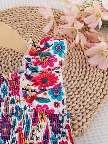 Vestido midi ajustado con estampado floral diminuto y colorido, adecuado para el Día de los Niños Mexicanos y la temporada de transición al verano para niñas jóvenes - Multicolor - Ver 9