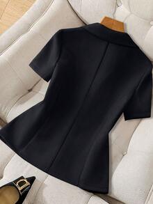 Franclia Áo khoác Blazer nữ cài nút kim loại giả ngọc trai thanh lịch thanh lịch hàng ngày kiểu Pháp đa năng tay ngắn vừa vặn cho nữ, mùa xuân/hè - màu đen - Xem 2