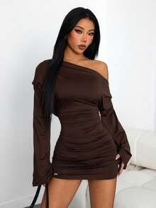 SHEIN PETITE 女款時尚性感純色不對稱領口迷你洋裝，適合嬌小女性 - 咖啡棕 - 查看 7