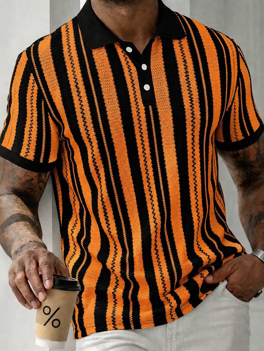 Manfinity CasualCool Men's Casual Business Striped Design POLO Shirt Top Suitable For Daily Commuting Wear Casual Versatile - Orange - View 1