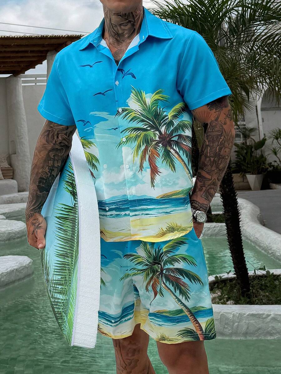 DAZY 男士夏季棕櫚樹印花短袖襯衫與短褲沙灘套裝 度假穿搭 - 彩色 - 查看 1